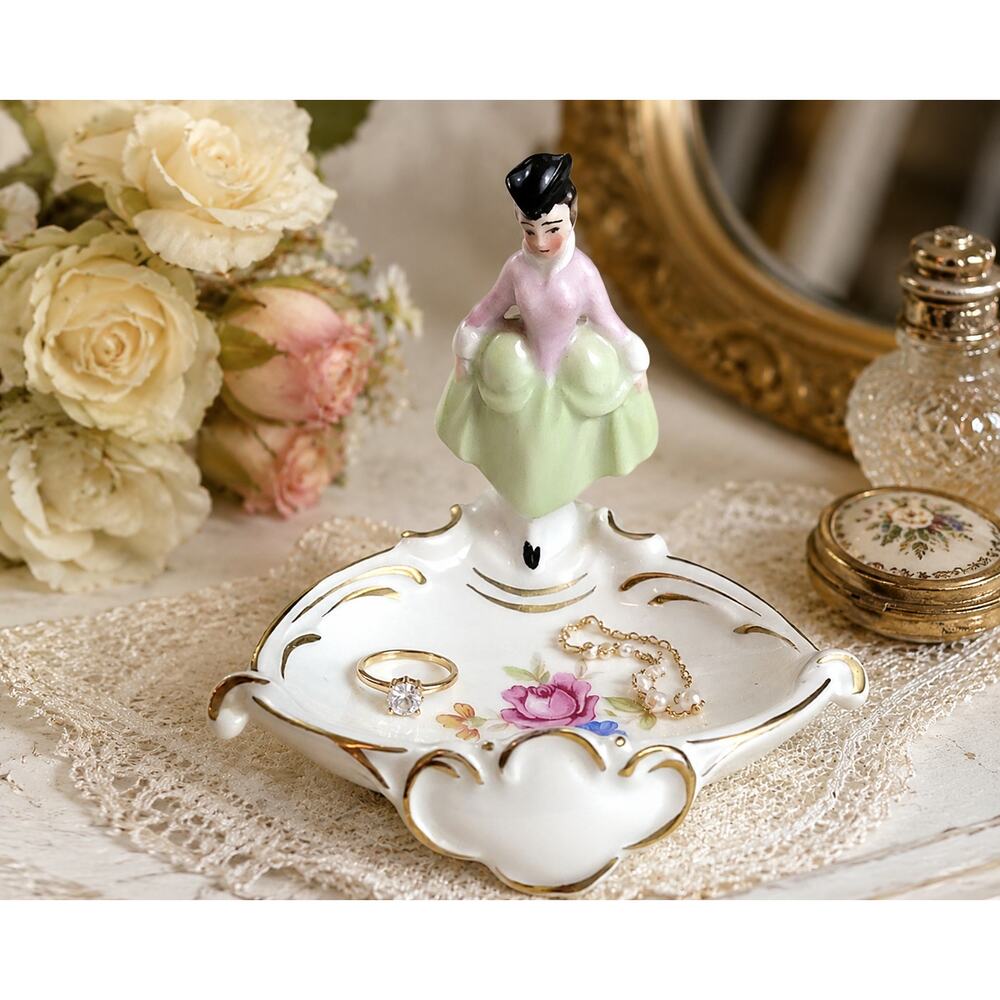 Vintage Erphila Germany Figural Lady Vanity Ring Dish Art Deco Porcelain 1930s